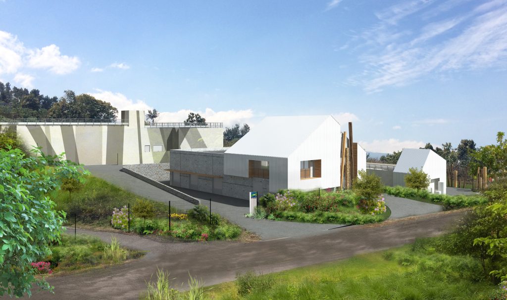 Architectural view of the Leveneur drinking water production plant on Reunion Island, designed and built by Stereau. A benchmark in drinking water treatment on Reunion Island.